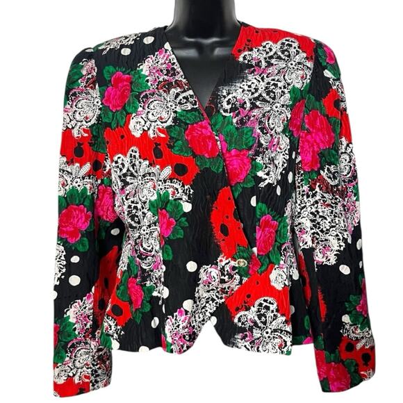 VTG LILLIE RUBIN BLAZER JACKET 80s 90s FLORAL PATCHWORK 100% SILK SZ 12 *READ* - Picture 1 of 5